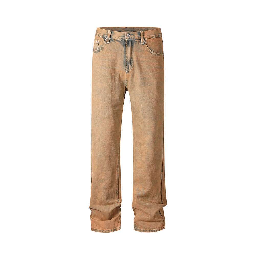 Haruku Solid Color Yellow Mud Dyed Mens Jeans Straight High Street Baggy Cargo Pants Oversized Denim Trousers