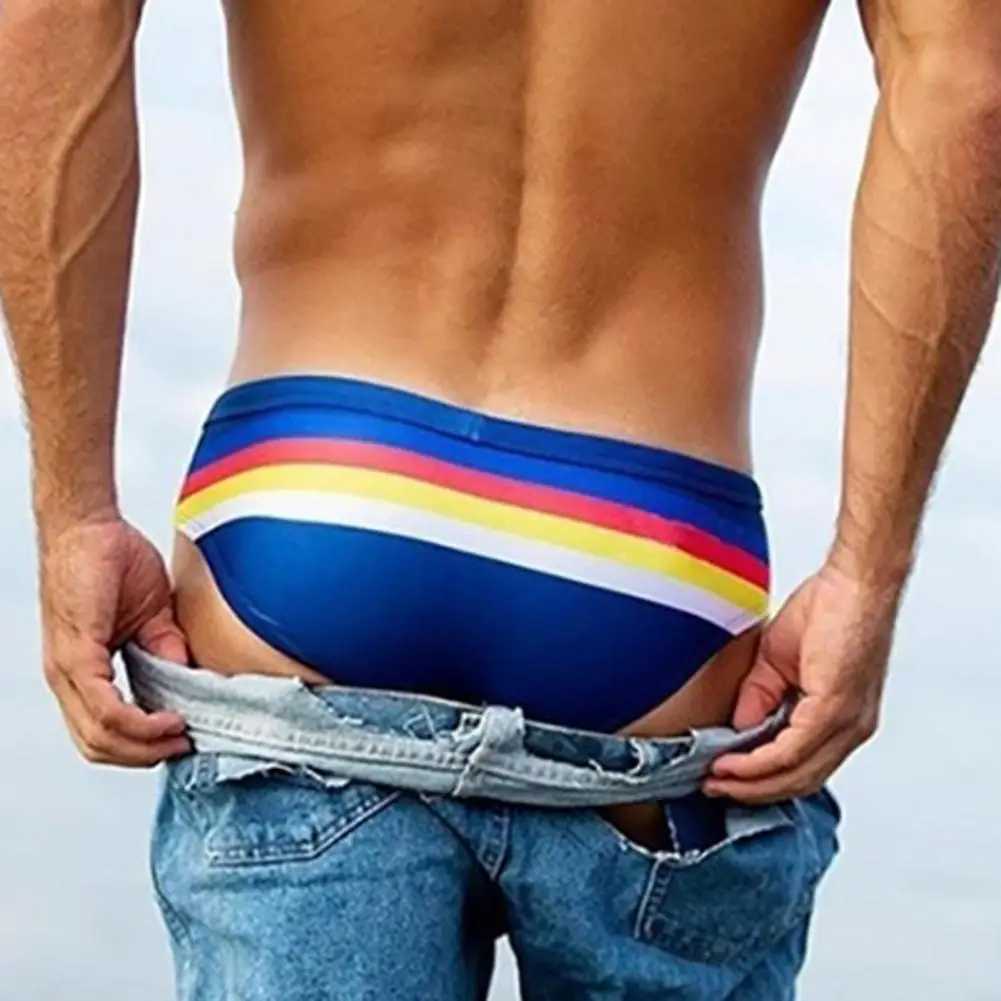Slim Fit Quick Drying High Elasticity Swimming Trunks Low Rise Striped Print Men Swimming Briefs for Vacation Men Beach Shorts W250214