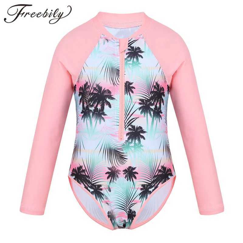 Summer Swimming One-piece Kids Girls Swimsuit Rash Guard Long Sleeves Palm Printed Zippered Bathing Suit Swimwear Beach Wear Z250214