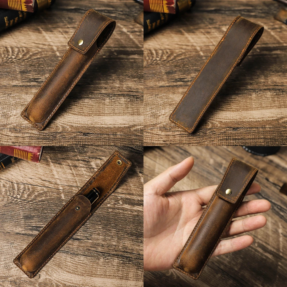 Handmade Cowhide Pen Holder For 1 2 3 Pens Crazy Horse Leather Pencil Case Pouch Storage Bag Stationery School Office Supplies 250210