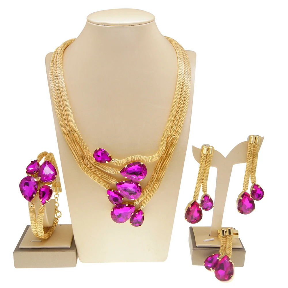 Bridal Jewelry Set Gold Plated Necklace Exquisite Brazilian Earrings Wedding Fashion Trend Purple Gemstone Pendant 250213