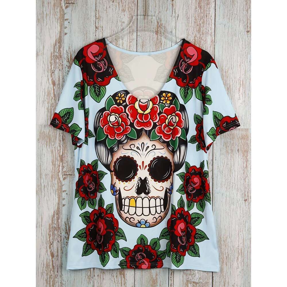 Ral Skull Print V Neck T-Shirt Casual Short Sleeve Top For Spring & Summer Women's Plus Size Clothing
