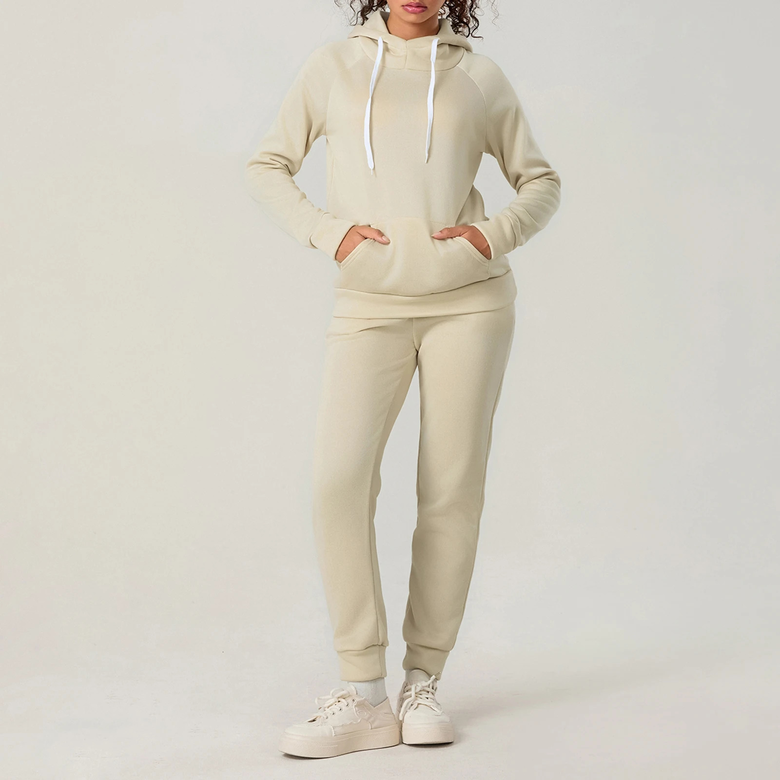 Womens 2Pieces Running Sets Solid Color Sportswear Long Sleeve Hoodies with Front Pocket Drawstring Long Pants Tracksuits 250210