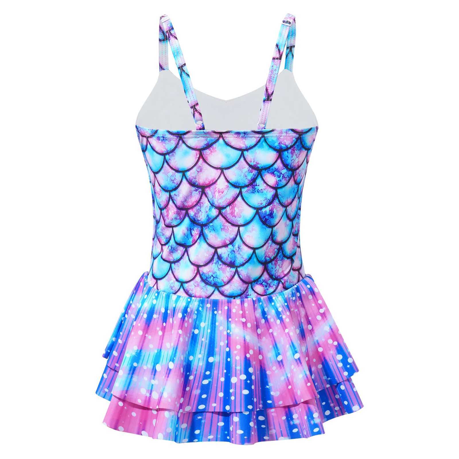 Kids Girls One-piece Swimsuit Mermaid Fish Scales Print Leotard Ruffle Jumpsuit Surfing Bathing Suit Beachwear Swim Rash Guard Z250214