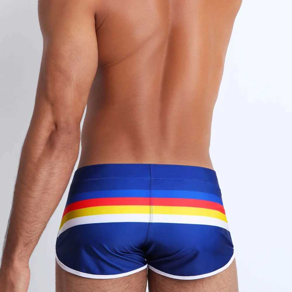 Mens Swim Boxer Briefs Striped Swimsuit Athletic Swimwear Bathing Suit Swimming Trunks Boardshort Beach Underwear Pouch Enhance W250214