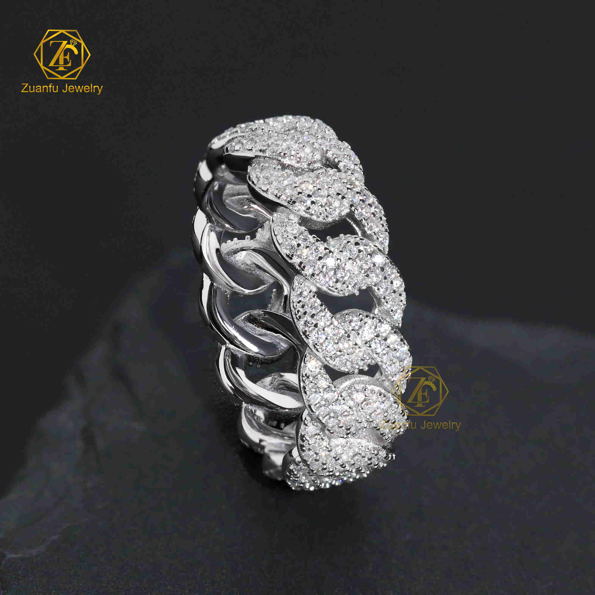 Hiphop Jewelry 2 Rows 7mm Width Cuban Link Ring 925 Silver Moissanite Diamond Ice Out Rapper Men Ring