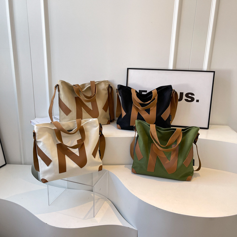 Bag Handheld Canvas Women's New Large Capacity Shoulder Bag, Fashionable Letter Student Class Commuting Bag