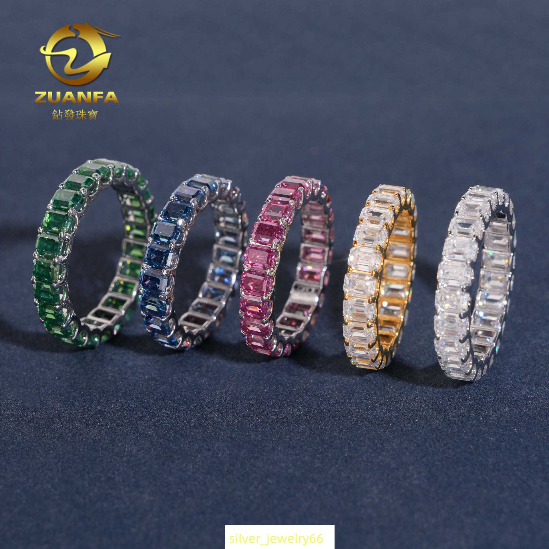 Hot selling S925 silver 0.3ct emerald cut ring with full set colorful moissanite single row mens and womens rings