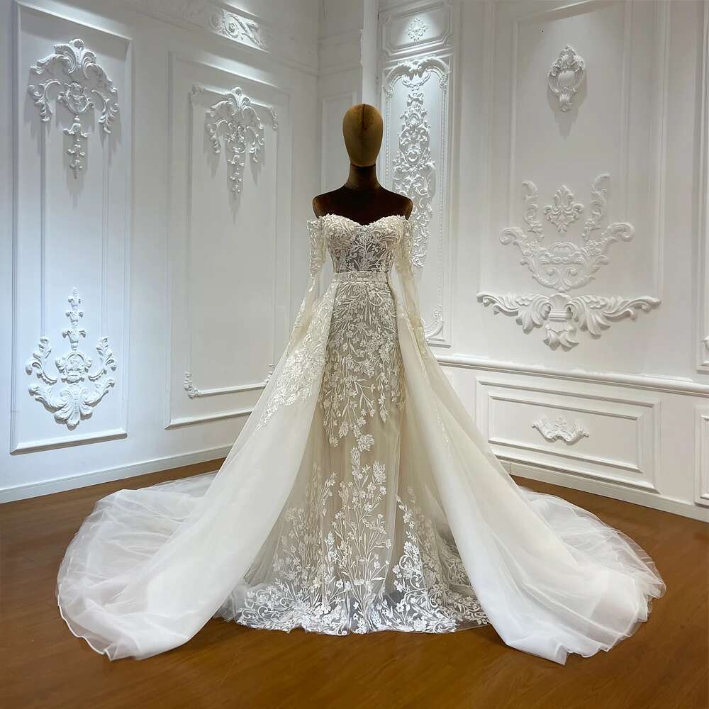 Custom Off Shoulder Appliques Lace Long Sleeves 2 in 1 quinceanera Mermaid Wedding Dress