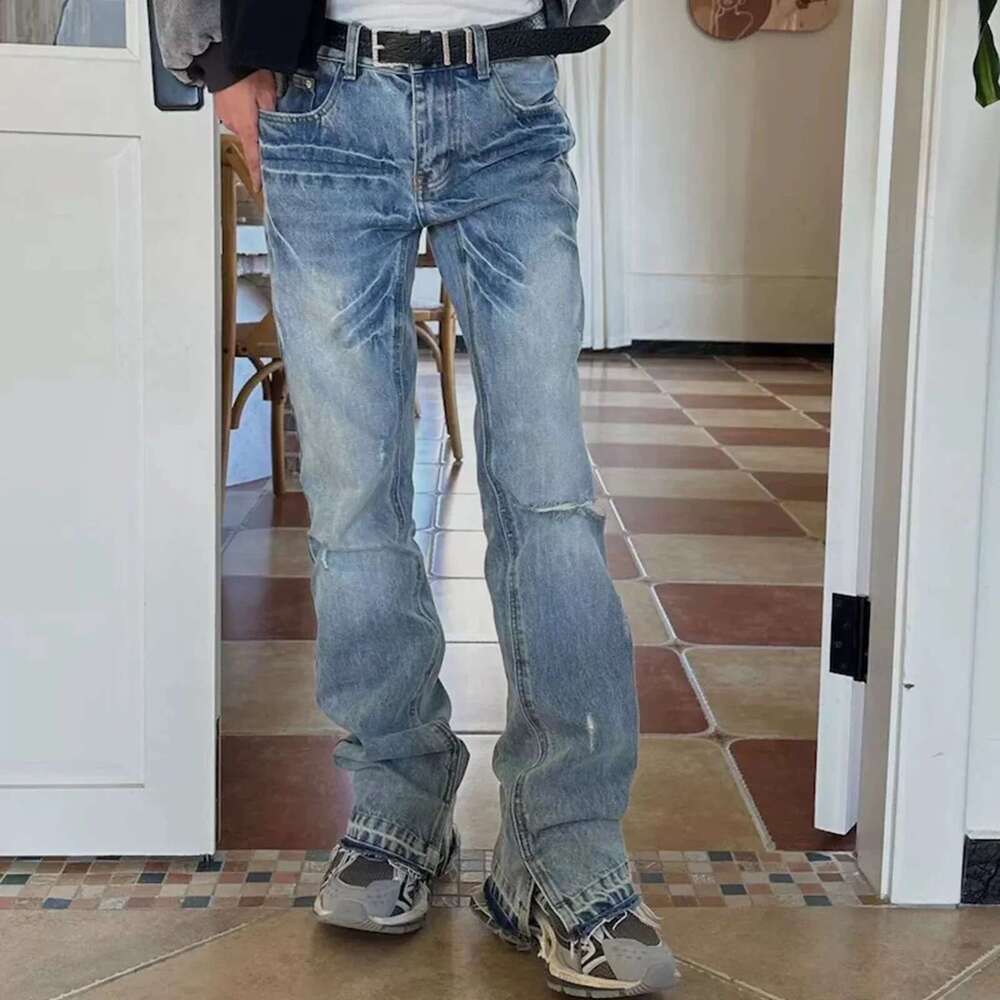 Streetwear Ropa Hombre Lighing Pattern Split Jeans For Men Washed Pocket Baggy Casual Denim Trousers Oversized Cargos
