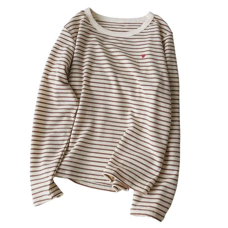 Love Embroidery Striped Sweatshirt Women Autumn Loose Fit Slimming Round Neck Long Sleeved Tops
