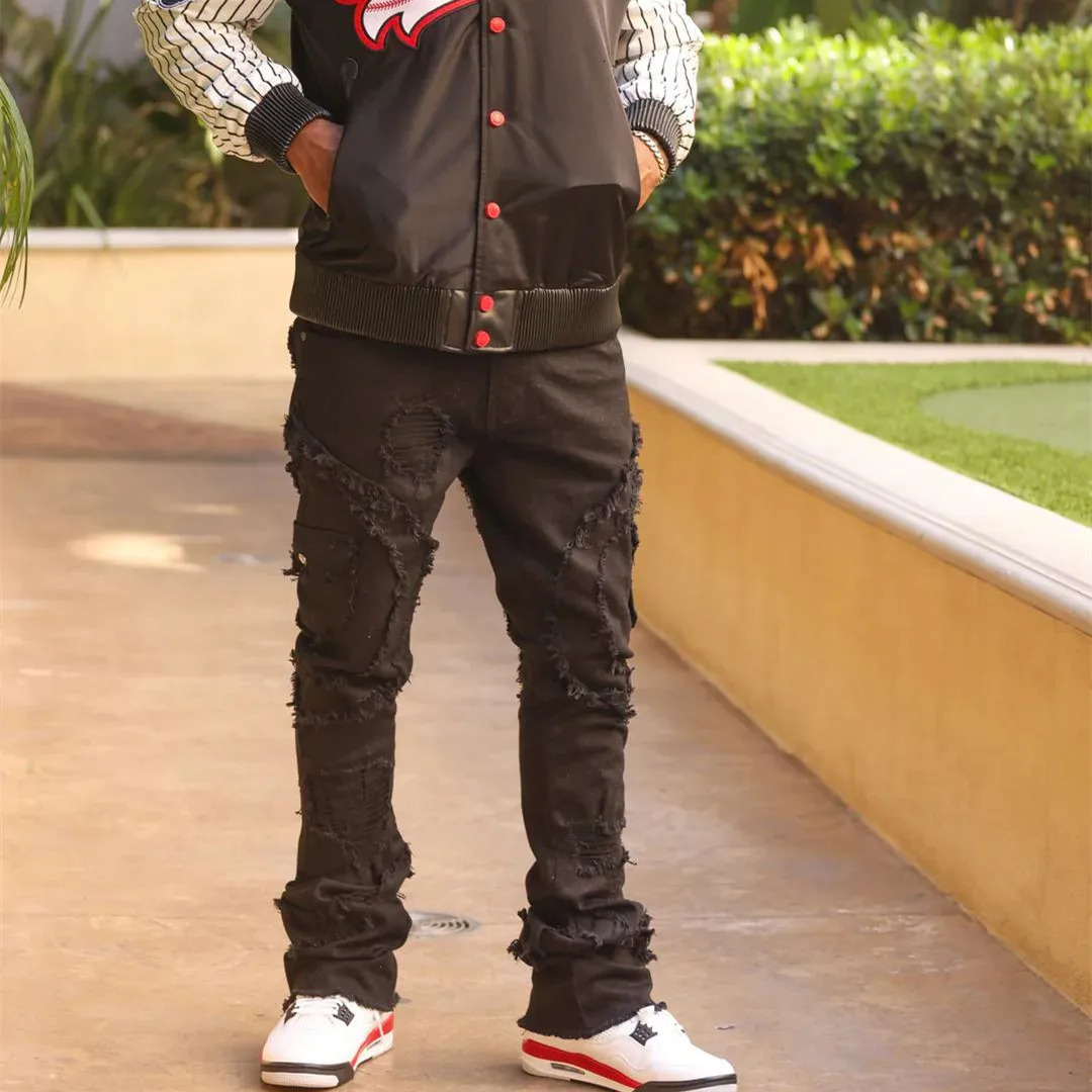 Men Ripped Stacked Jeans Distressed Slim Fit Skinny Straight Leg Fashion Hip Hop Denim Pants Casual Streetwear 250210