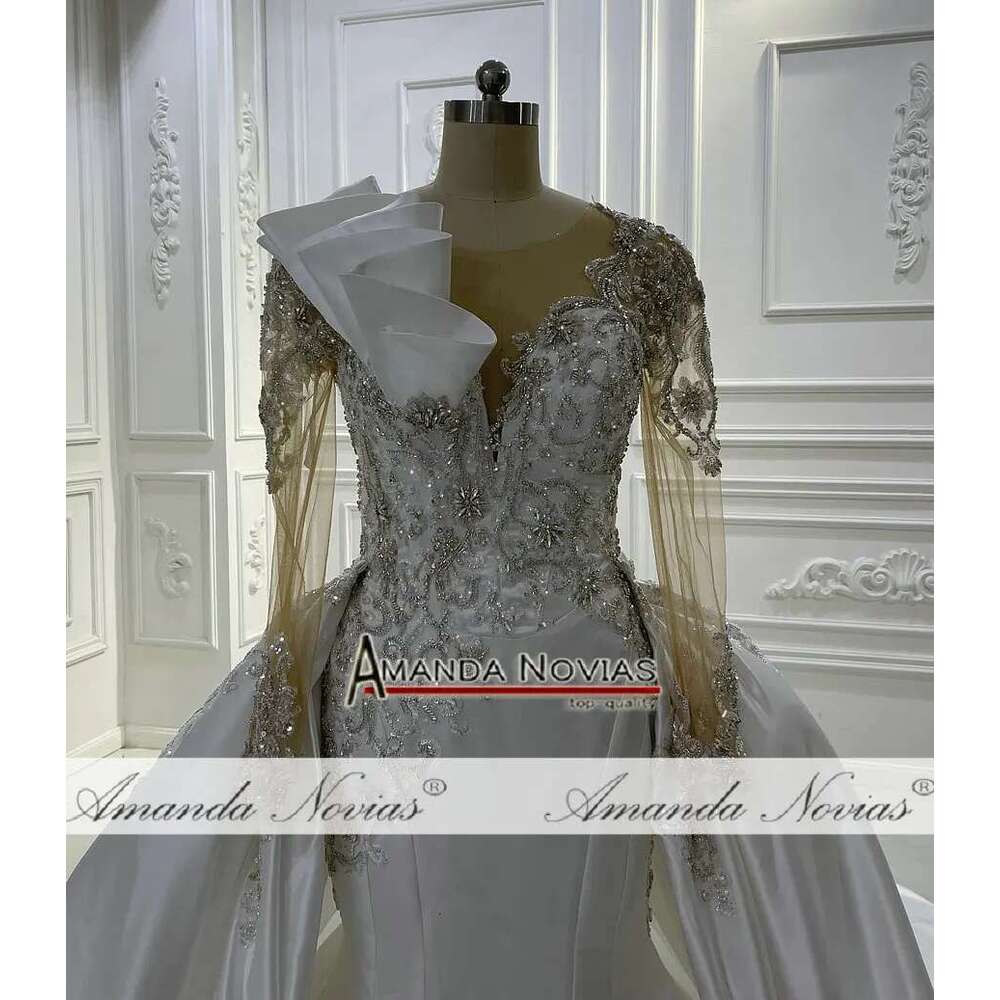 Custom Full V-Neckline Beading Detachable 2 in 1 Satin Mermaid Bridal Dress