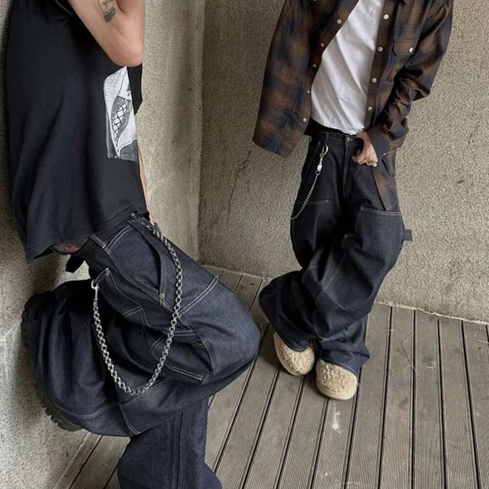 High Street Cleanfit Multipockets Drak Blue Baggy Jeans For Men And Women Straight Vintage Casual Loose Denim Trousers Oversize