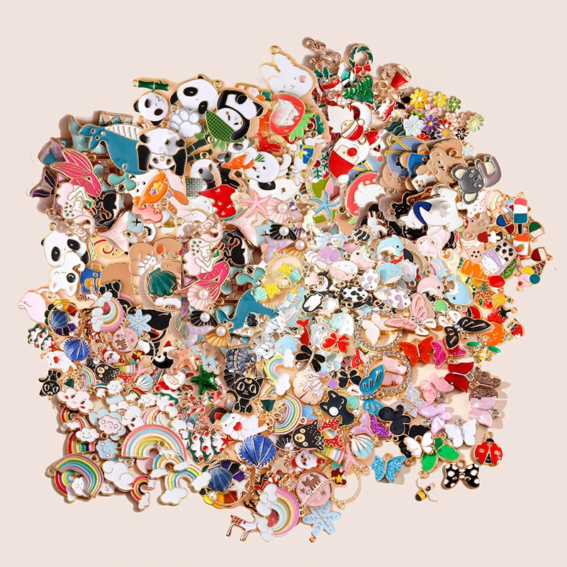 Leslie Bulk Sale 50/100pcs Enamel Cartoon Hearts Animal Charms Flowers Fruits Rainbow Pendants for DIY Jewelry Making Wholesale 250214