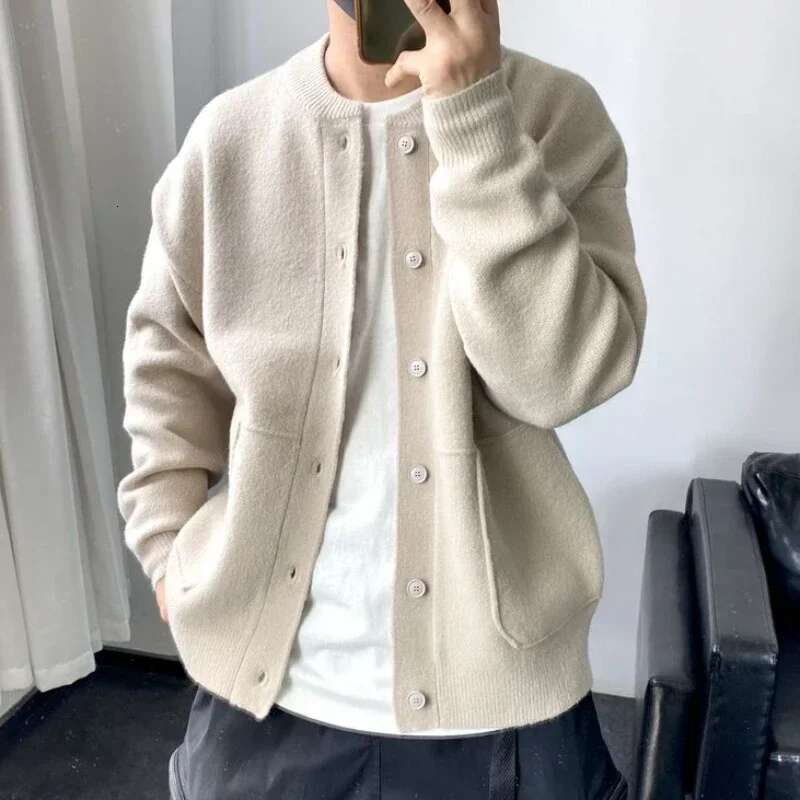 Knit Sweater Male Green Cardigan Men's Clothing Fleeced Sweatshirts Old New in Order Jumpers Y2k Streetwear Warm Tops Neck