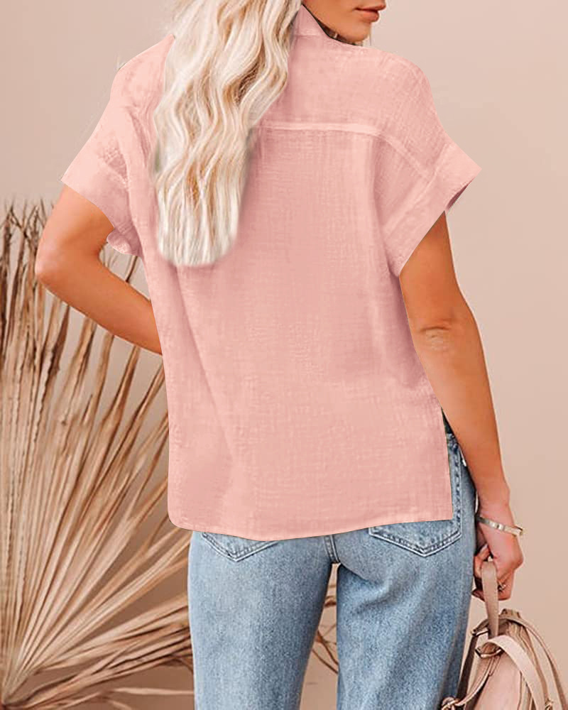 2025 summer new cotton and linen women's short sleeved casual side slit pocket shirt top