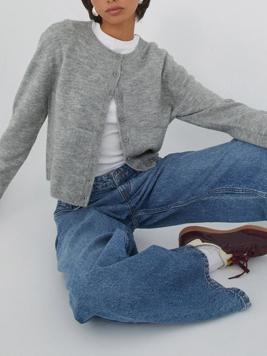 Crochet Knit Cardigans Women Slim Crew Neck Vintage Y2k Long Sleeve Single Breasted Sweaters Autumn Lady Versatile Sweater 250213