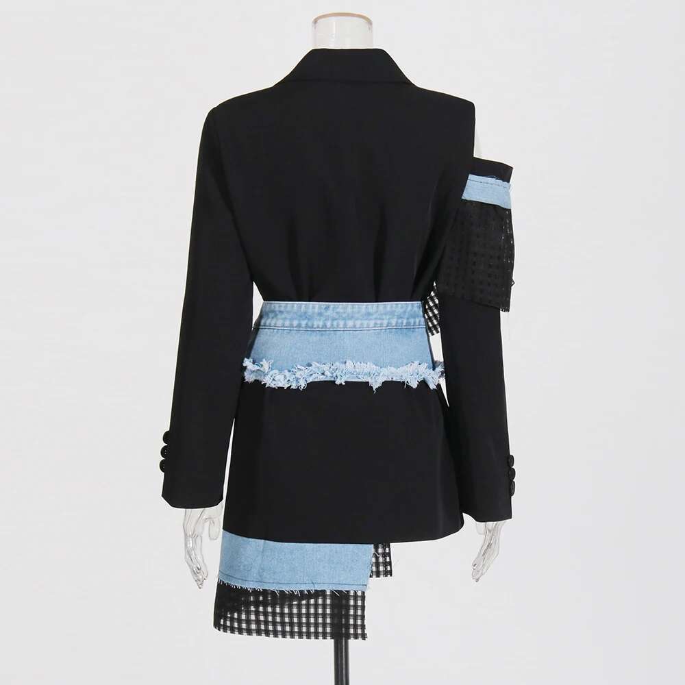 Colorblock Hollow Out Jackets For Women Notched Collar Long Sleeve Patchwork Denim Vintage Jacket Female Clothing