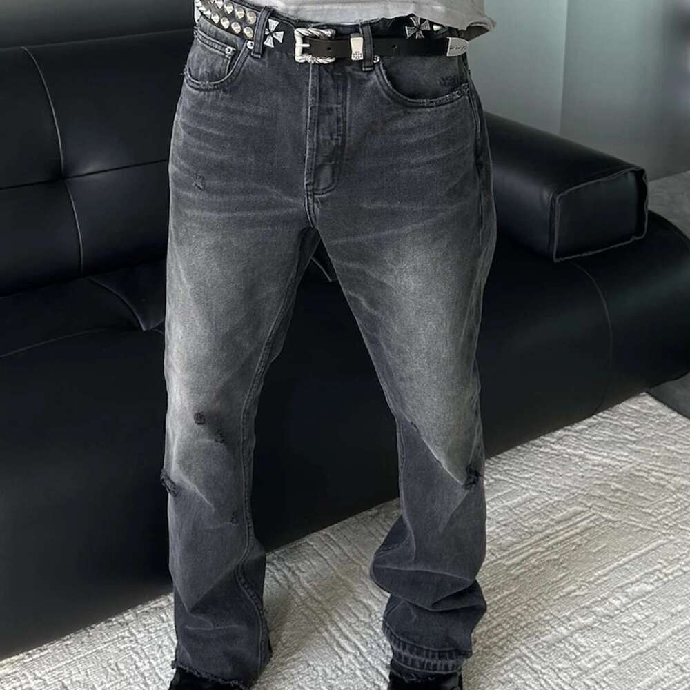 High Street Washed Gray Black Hole Baggy Jeans Mens And Women Straight Ripped Frayed Casual Denim Trousers Oversized Cargos