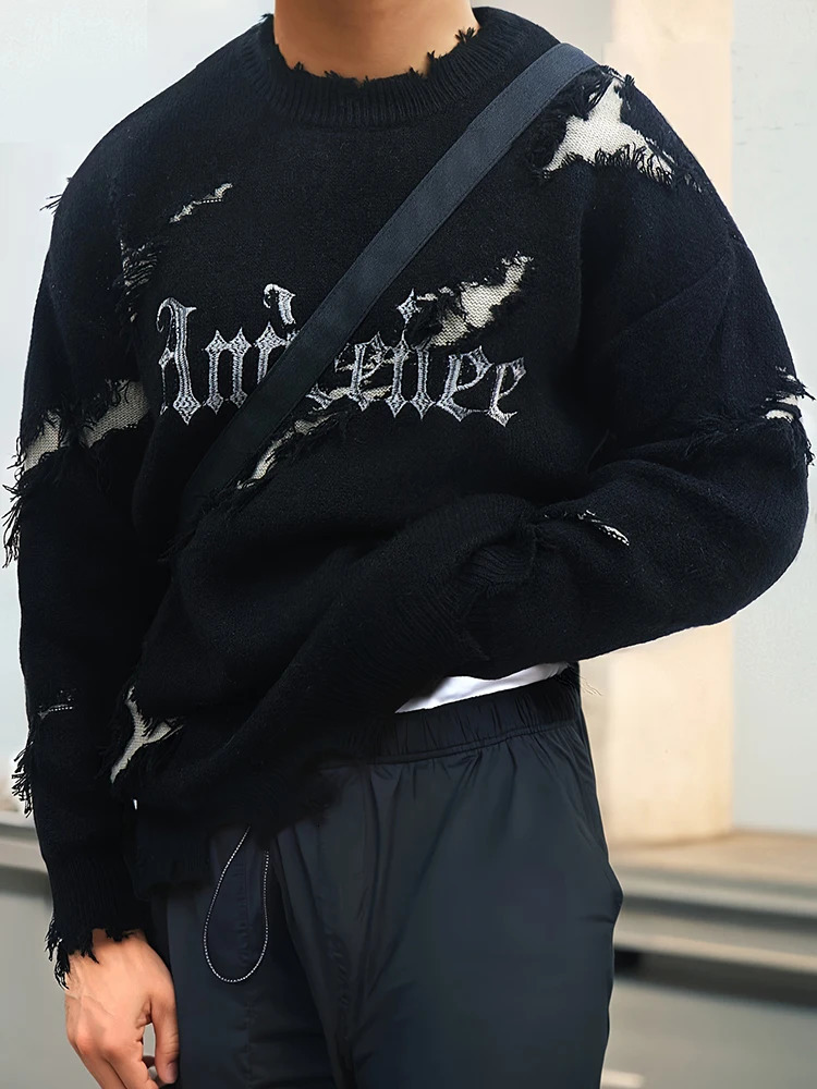 Y2K Style Mens Sweaters Spring Trendy Letter Jacquard Ripped Knit Sweater For Men Streetwear Fashion Crew Neck Knit Jumper Tops 250211