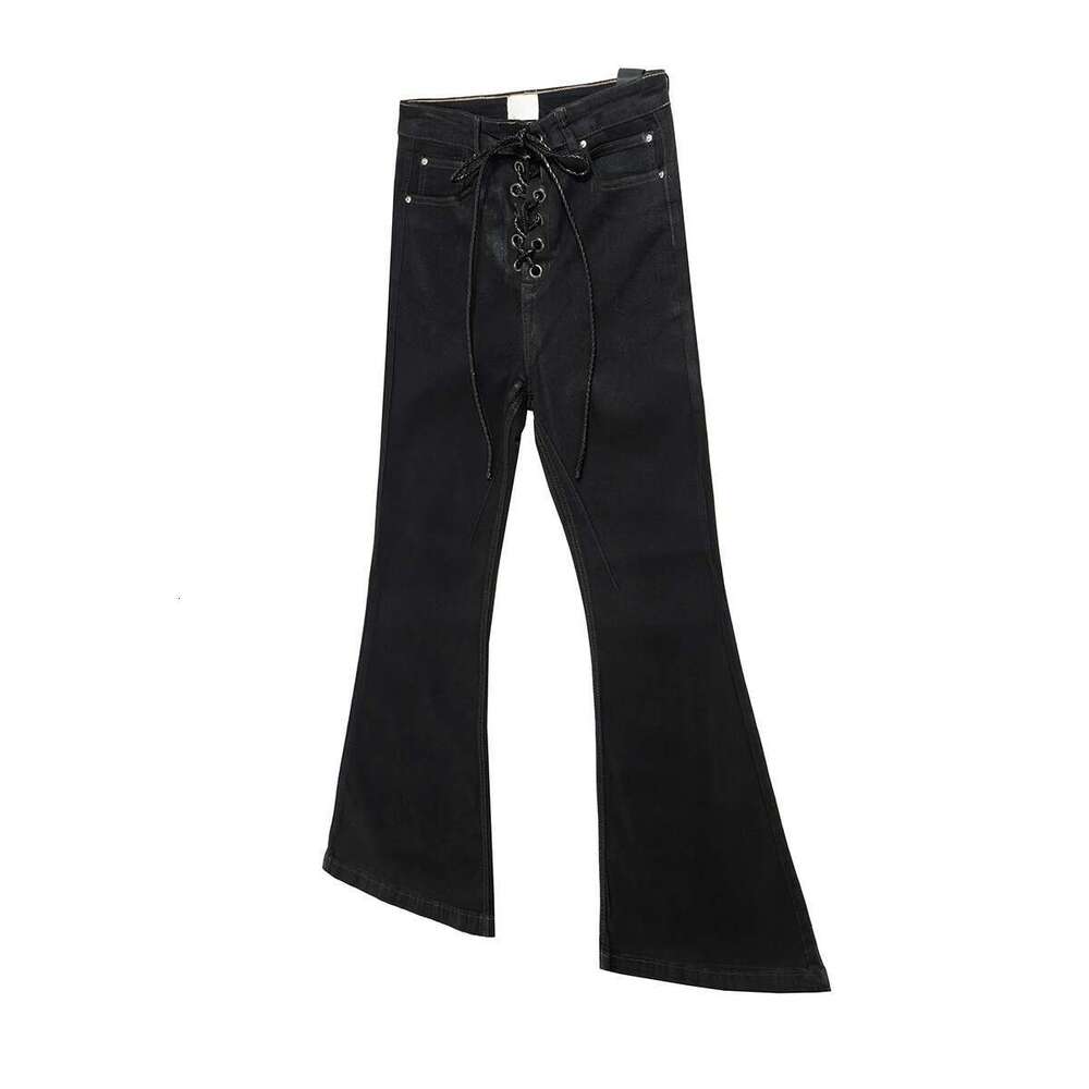 Ro Style Ribbons Matte Coated Stretch Black Flare Pants For Men And Women Lace Up Baggy Leather Trousers Streetwear Boot Cut