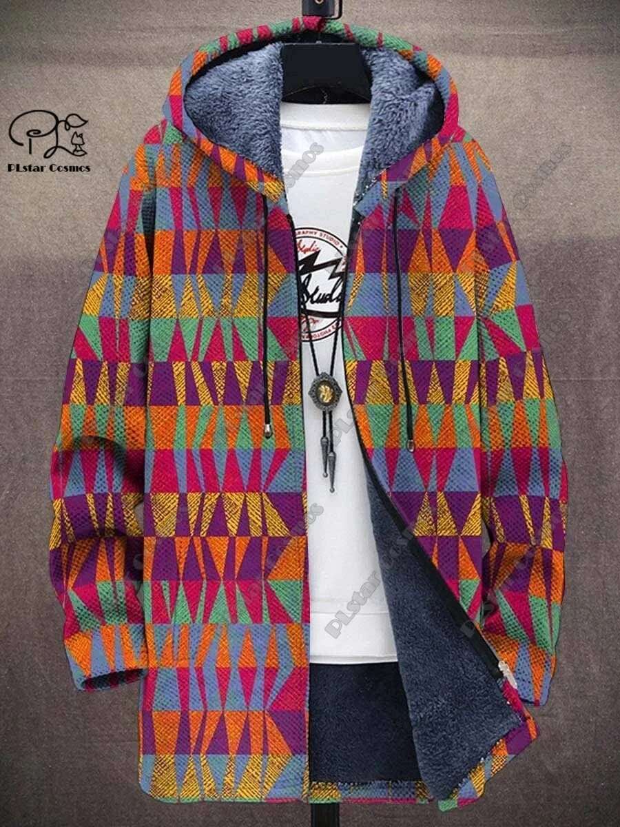 3D printed new winter hooded unisex retro geometric gradient art pattern plush thickened long-sleeved casual warm jacket DY-2