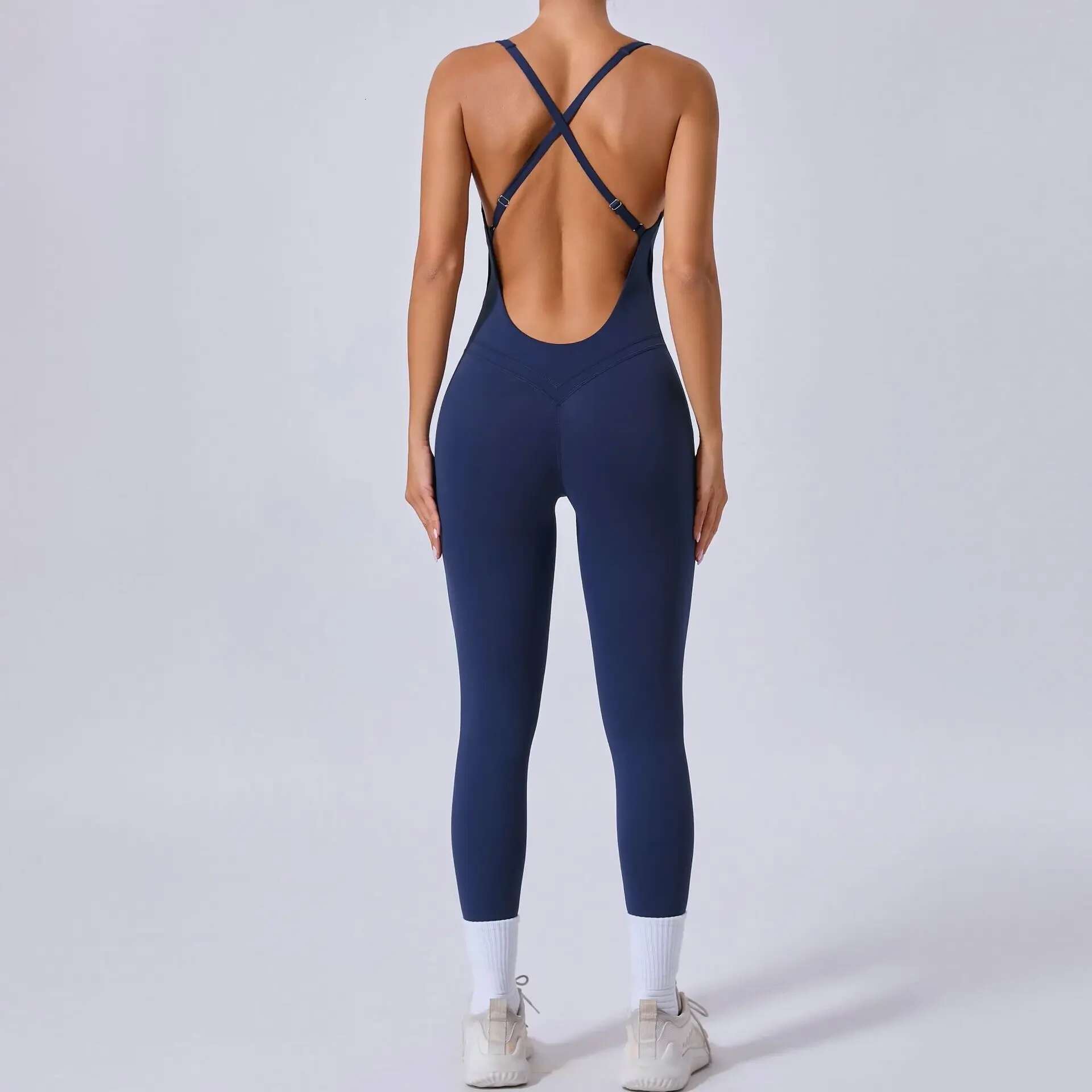 Sports Jumpsuit Push Up Fiess Overalls 2024 Sportswear Woman Gym Set Padding Sport Outfit Yoga Clothing Tracksuit Navy Beige