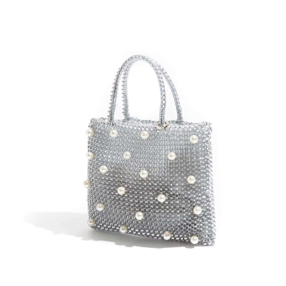 MABULA Shiny PVC Woven Tote Bag Knitted Pearl Handbag For Ladies Party Elegant Women's Satchel With Chain Crossbody Bags