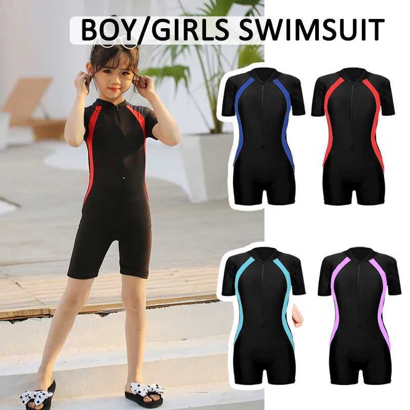 Kids Boys Girls One-piece Swimsuit Color Matching Short Sleeve Zipper Diving Suit Bathing Suit Elastic Quick-drying Swimwear Z250214