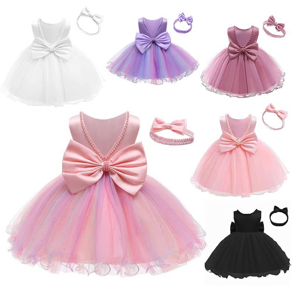 Newborn Baby Girls Baptism Dress For Baby Lace Princess Dress Solid Evening Clothes with Headband Infant Wedding Par Vestidos Z250214