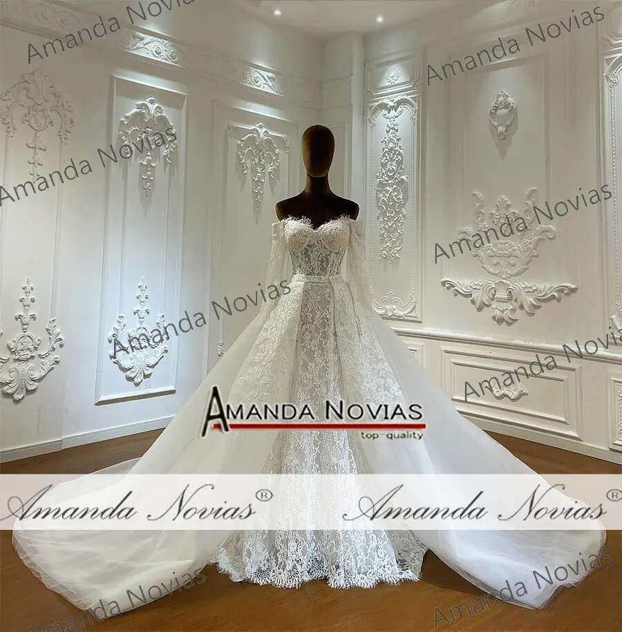 Custom Off Shoulder Long Sleeve Lace Full Belt Skirt Mermaid Wedding Dress