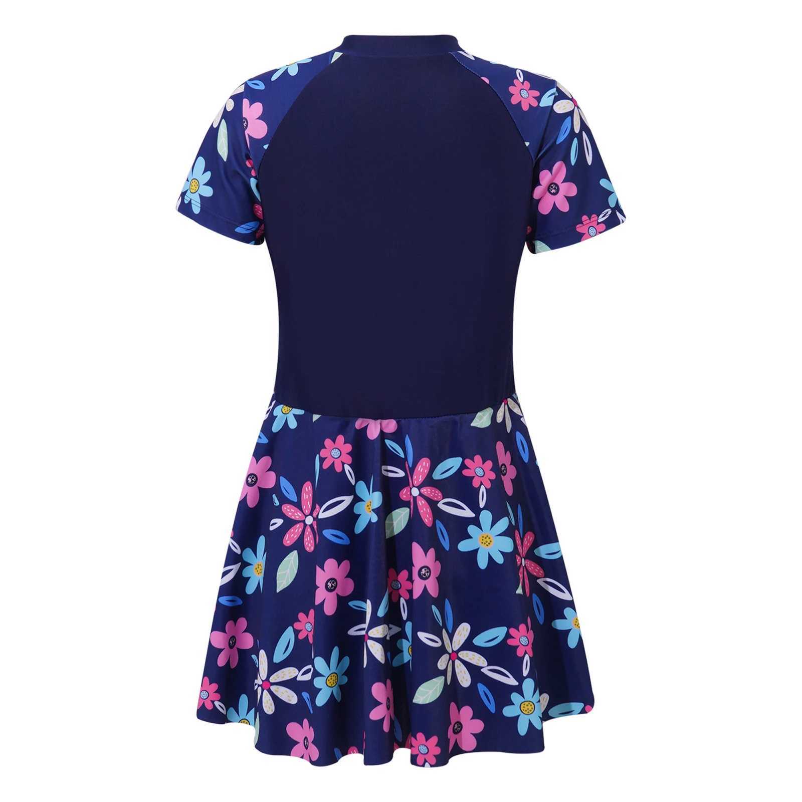 Kids Girls One-piece Swimsuit Short Sleeve Flower Print Zipper Swim Dress with Built-in Shorts Rush Guard Pool Beach Swimwear Z250214