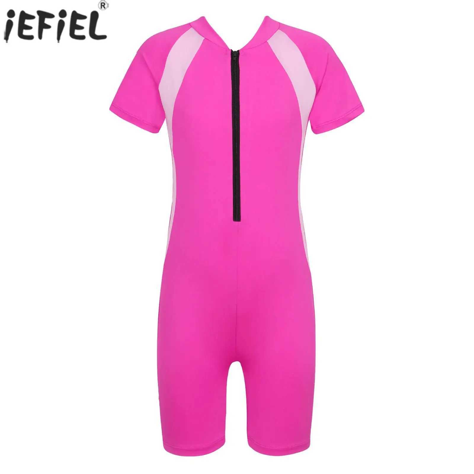 Kids Girls Boys Rash Guard One-piece Swimsuit Short Sleeves Zippered Shor Wetsuit Swimwear Pool Beach Surfing Bathing Suit Z250214