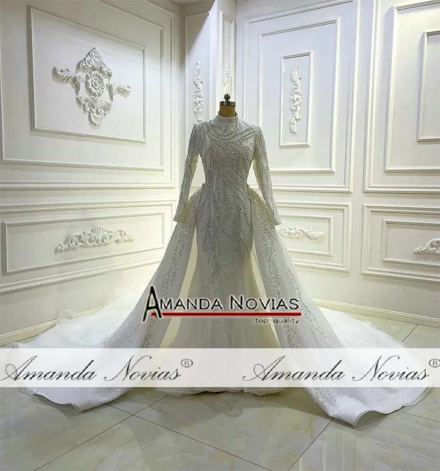 Full Beading Lace Bridal Dress High Neck Mermaid Muslim 2 in 1