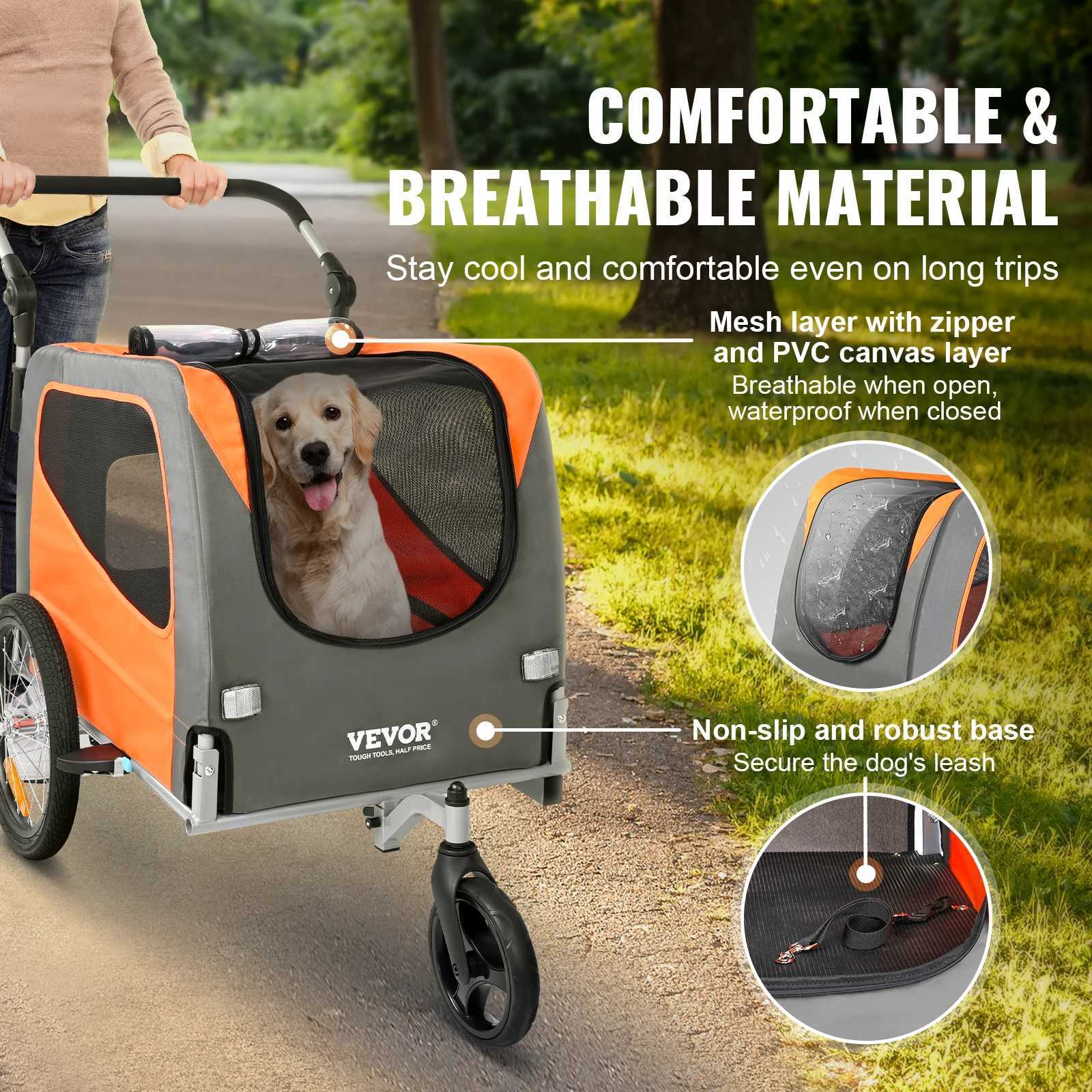 Others Dog Carrier VEVOR 66lbs Dog Bike Trailer 2-in-1 Pet Stroller Folding Cart Frame Bicycle Carrier with Wheels Universal Coupler for Dogs Cats H25
