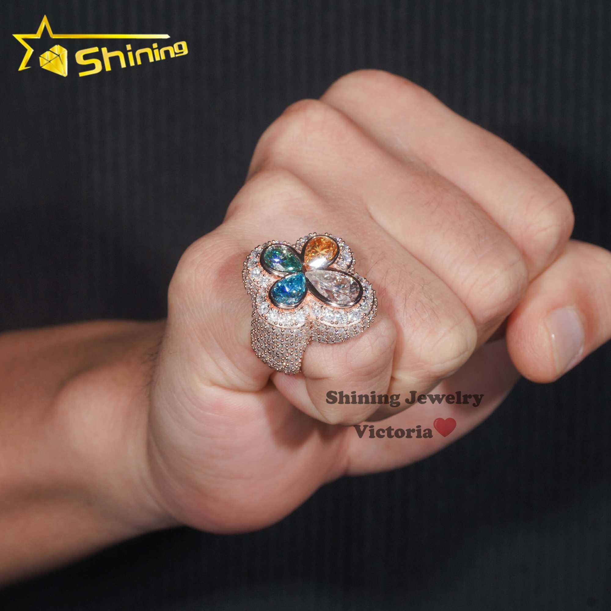 Fine Jewelry Custom Sparkling S925 Colored Pear Cut VVS Moissanite Diamond Iced Out Cross Ring Four Leaf Clover Moissanite Ring