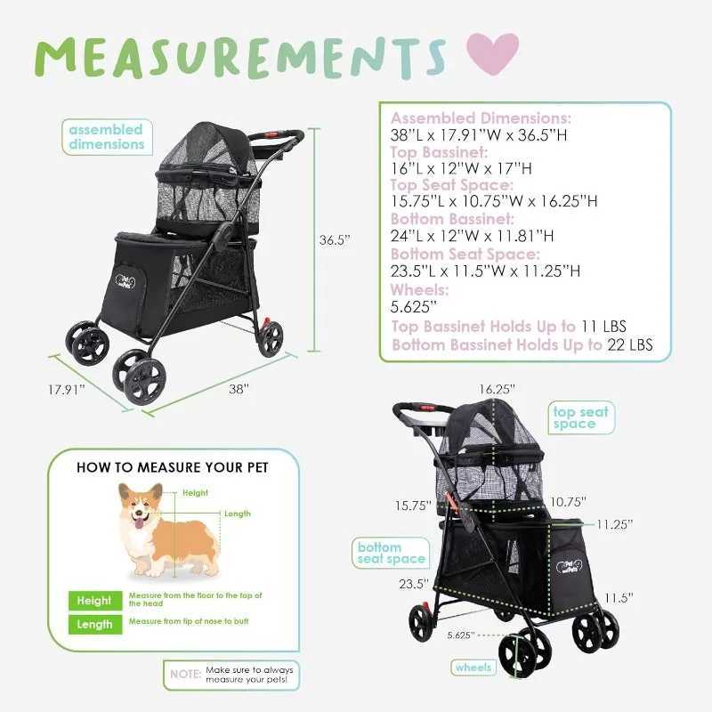 Others Dog Carrier Double Decker Pet Stroller Black Dual Bassinets for Multiple Pets Removable Pee Pads Adjustable Leashes Mesh Windows H250213