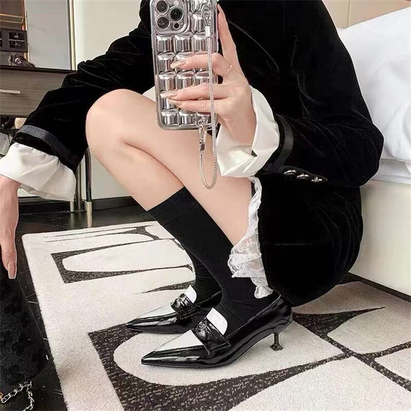 Pointed Toe Mary Janes Cover Heels Female Pumps Women Single Shoes Summer Fashion Patchwork Atos Mujer