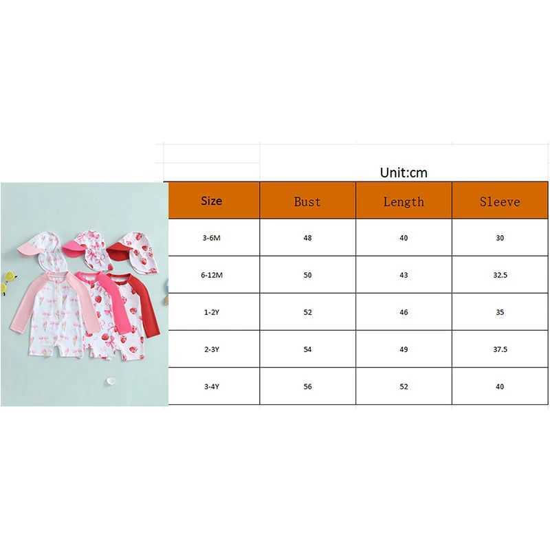 Toddler Girls Rash Guard Swimsuit with Hat 2 Pcs Set Bow Strberry Pattern Zip Up Long Sleeve Crew Neck Baby Girls Swimwears Z250214