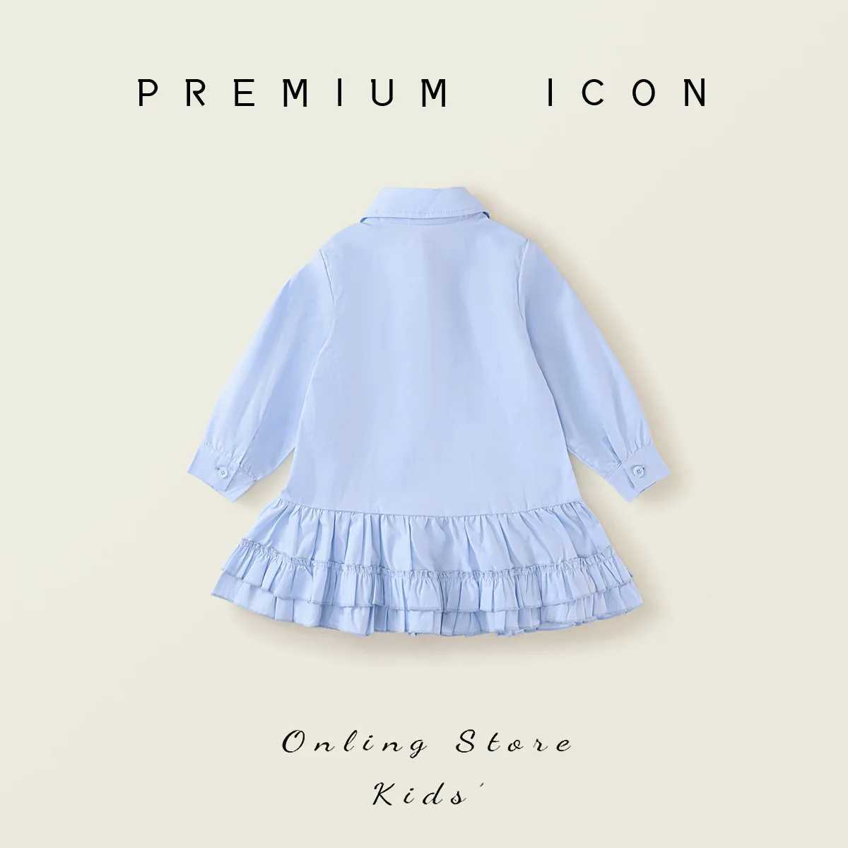 Children Girls Spring Autumn Dress Blue Turndown Collar Pleated Hem Kid Girls Frock Casual Pure Cotton Toddler Girls Shirt Dress Z250214