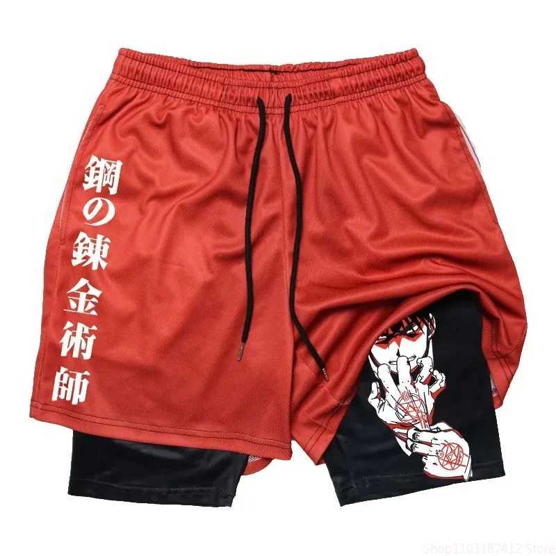 Anime Print Mens Fitness Workout Shorts 2 in 1 Compression Double Layer Shorts with Pockets Quick Drying Running Fitness M-3XLXJ250213