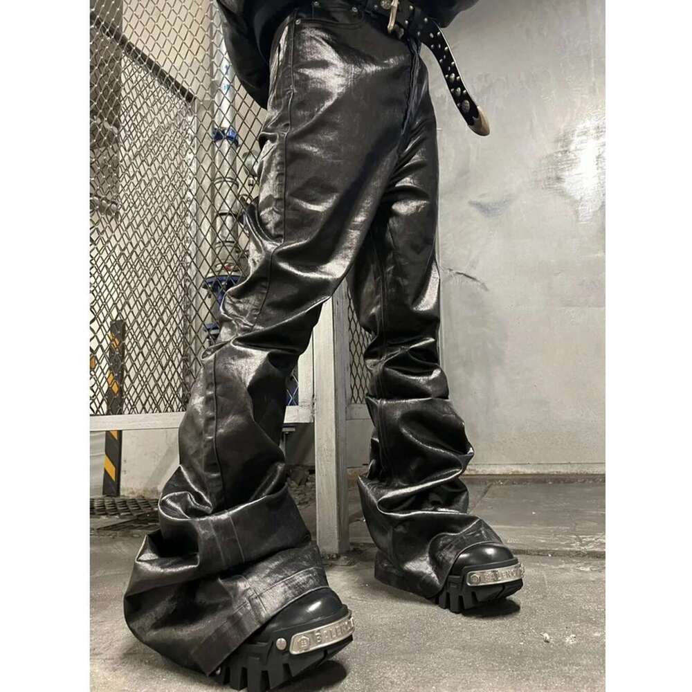 High Street Wide Leg Glossy Pu Leather Pants Sashes Boot Cut Men And Wome Baggy Casual Jeans Oversized Flared Trousers