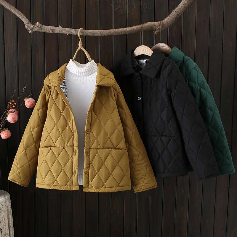Plus Size Women Parka Winter Wear Fashion Loose Thin Argyle Lapel Cotton-Padded Coat 5213