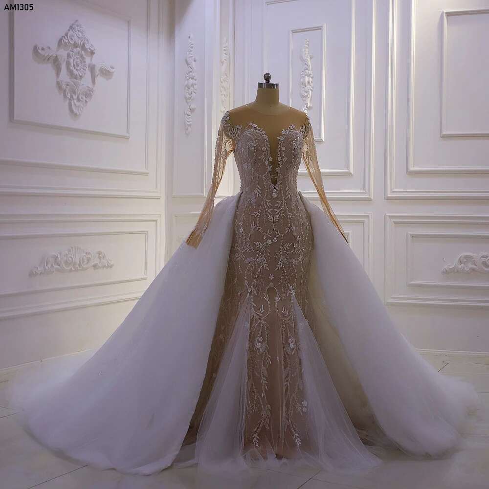 Mermaid Bridal Dress 2 in 1 with V Neckline and Lace Long Sleeves