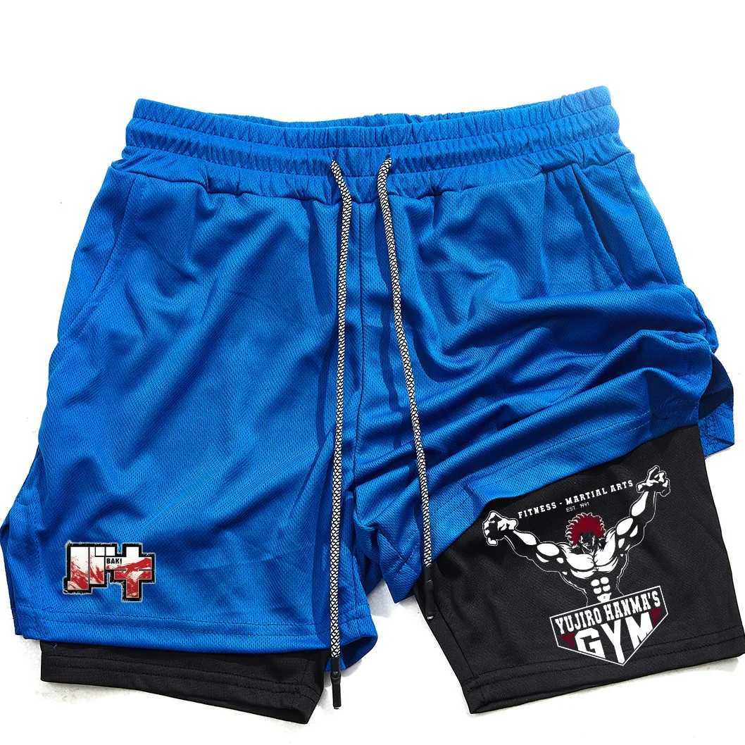 Mens and womens gym shorts quick drying mesh shorts animated printed Baki Hanma sleeves 2-in-1XJ250213