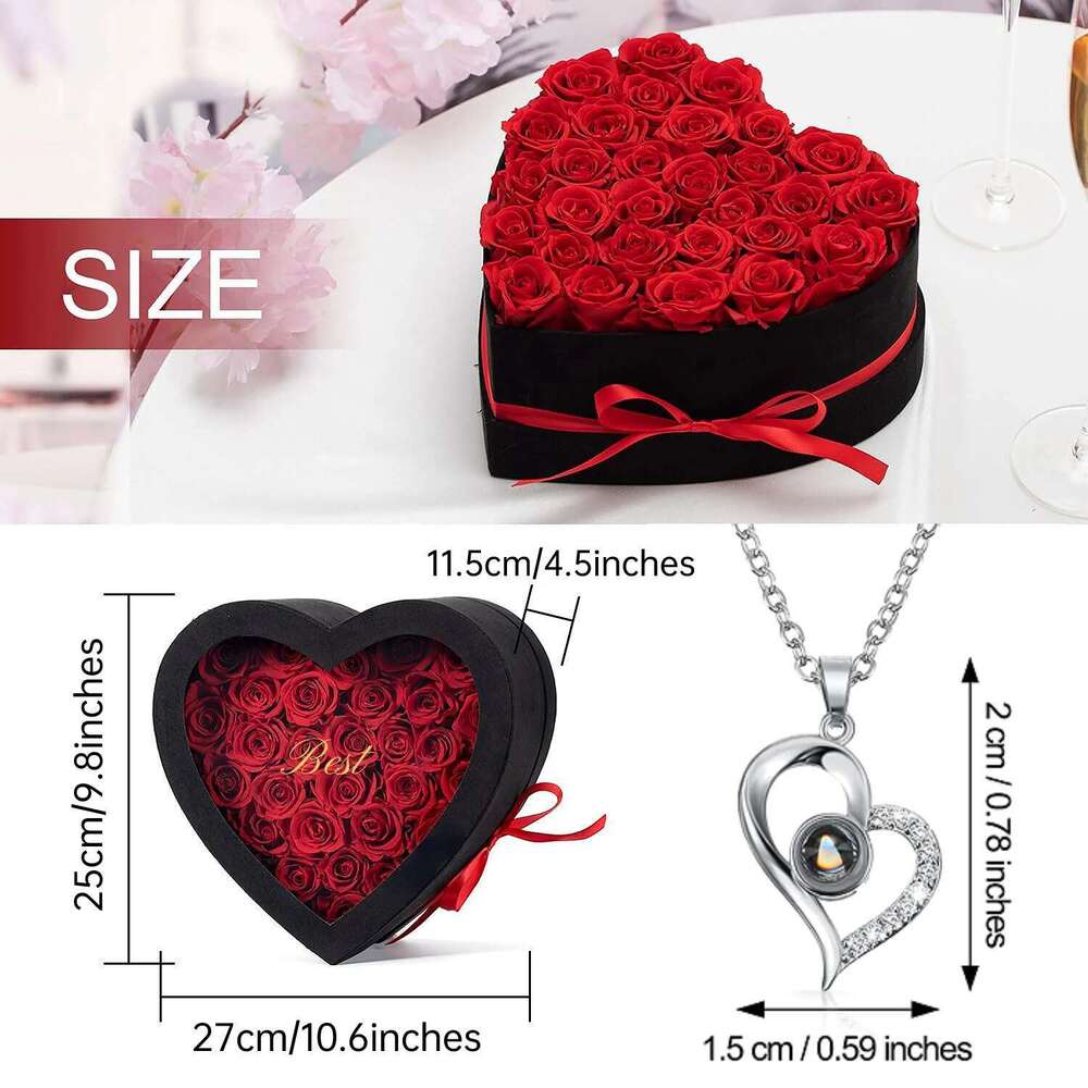 24Pcs Artificial Bouquet Heart Shape Rose Box 100 Languages I Love You Necklace Eternal Roses Valentine's Gift For Her