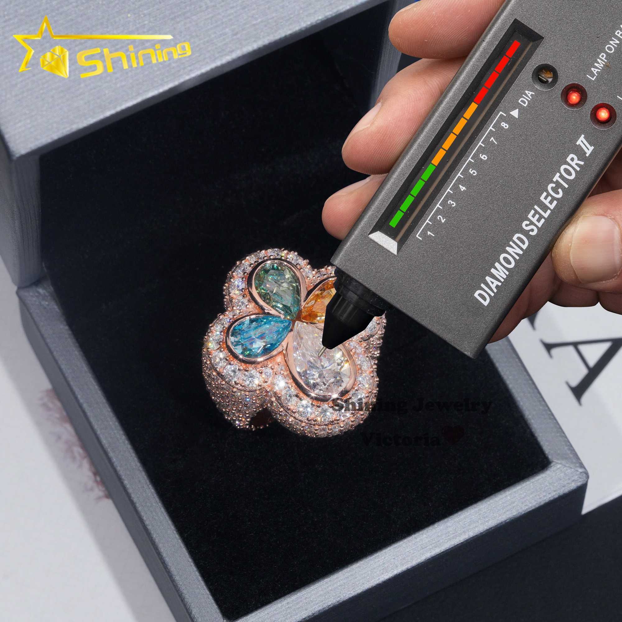 Fine Jewelry Custom Sparkling S925 Colored Pear Cut VVS Moissanite Diamond Iced Out Cross Ring Four Leaf Clover Moissanite Ring