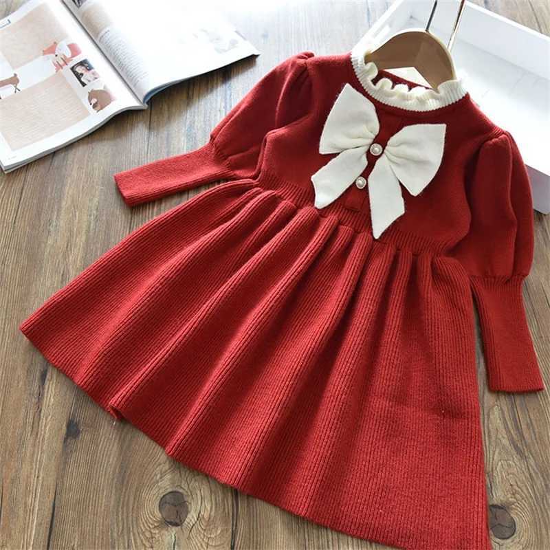 Long Sleeve Girls Winter Dresses 2023 New Warm Knit Sweater Kids Red Christmas New Year Par Princess Gown 1-8 Yrs Baby Vestido Z250214