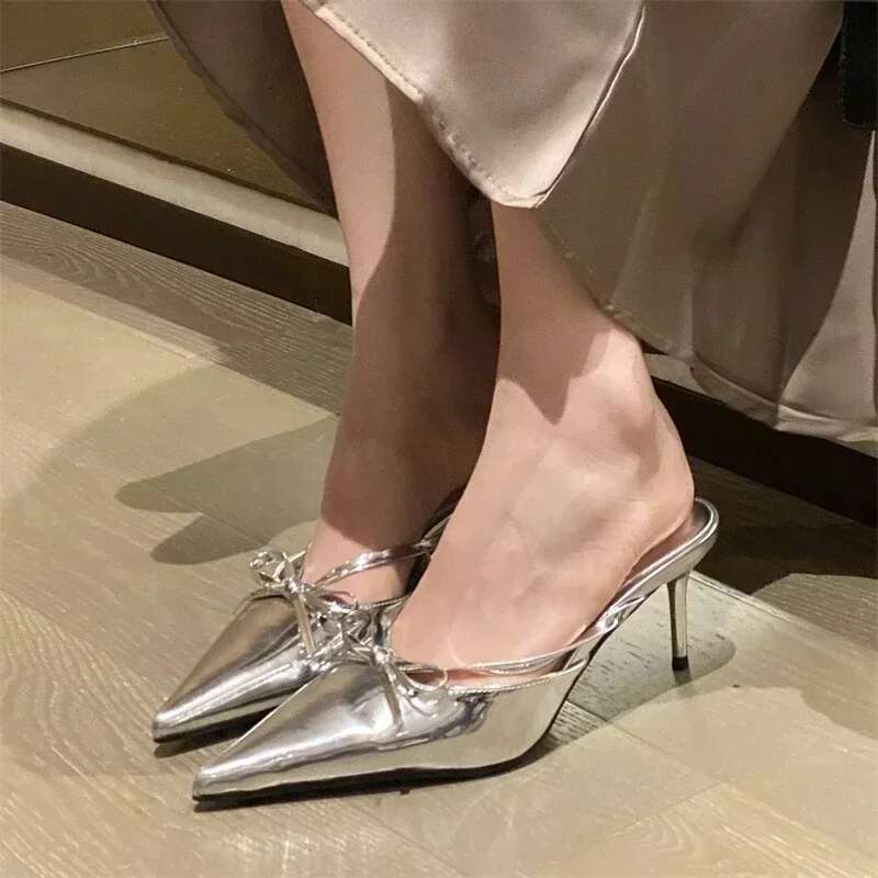Elegant Thin High Heel Slide Sandals Fashion Butterfly-Knot Pointed Toe Women Slippers Sexy Party Dress Shoes Heels